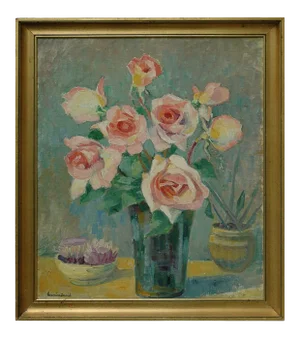 Bouquet of Roses by Hermine David, Oil on Cardboard Linen, Signed
