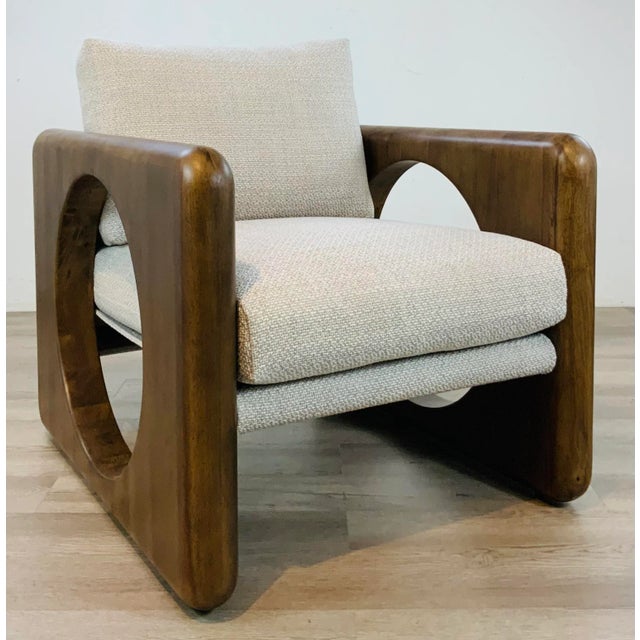 Timeless Mid-Century Modern Style Walnut Finished Club Chairs Pair, open circle frame design, beige wove performance...