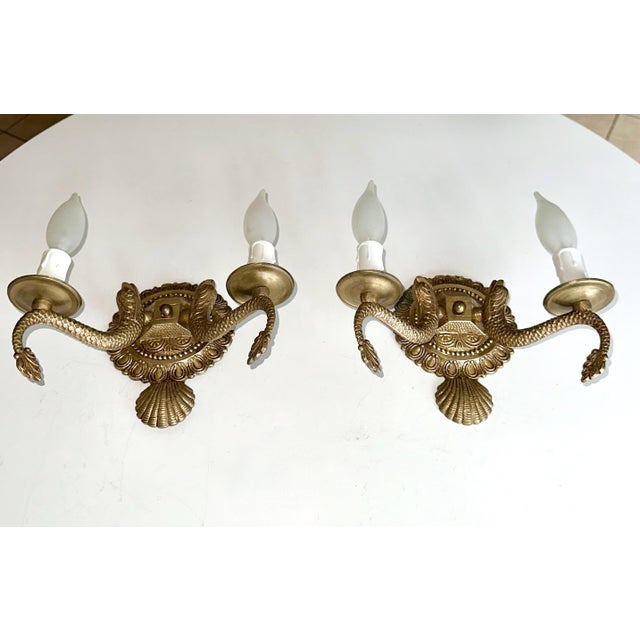 Pair Neoclassic Dolphin Shell Brass Wall Sconces For Sale - Image 14 of 14