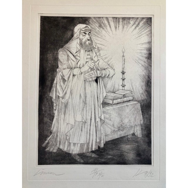 Janos Kass, Hungarian Modernist Judaica Etching Print Teffilin, Jewish Rabbi in Prayer, 1992 For Sale