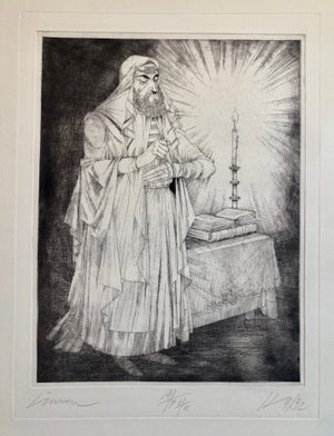 Janos Kass, Hungarian Modernist Judaica Etching Print Teffilin, Jewish Rabbi in Prayer, 1992