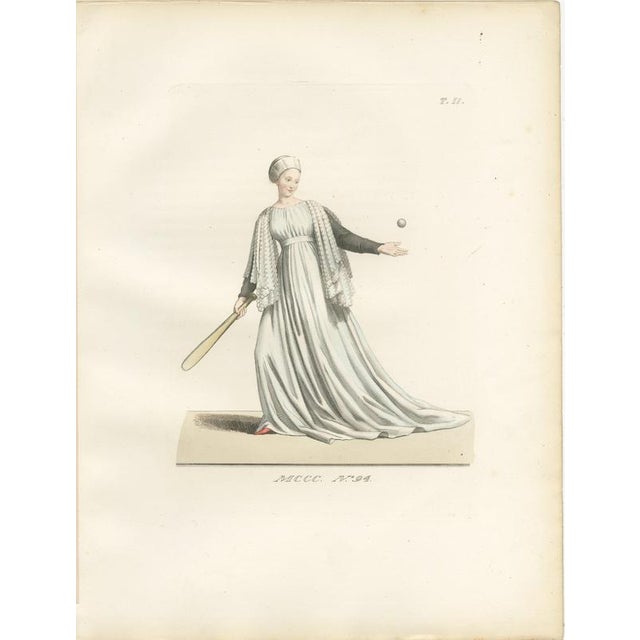 Camille Bonnard, Medieval Tennis Costume Study, Hand-Colored Lithograph, 1845 For Sale - Image 3 of 10
