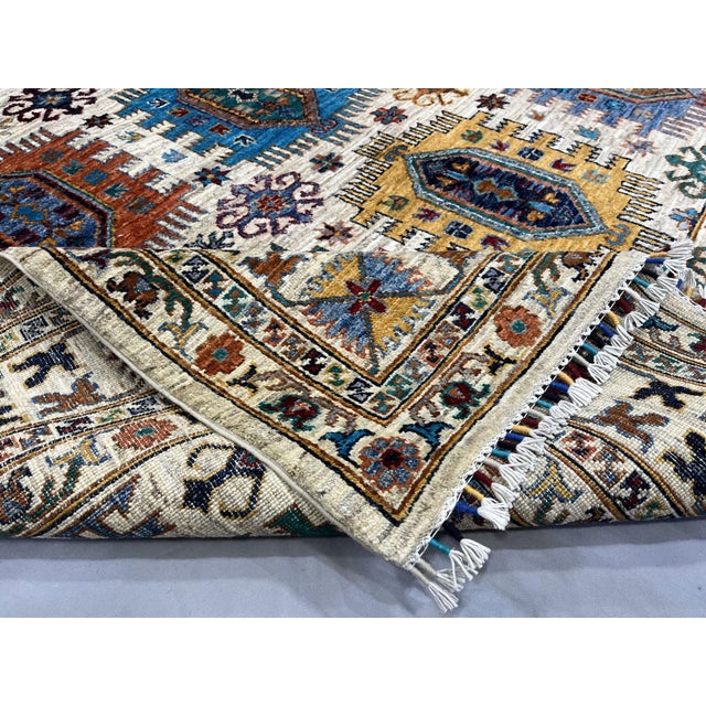 Ivory & Blue Afghan Sultani Natural Dye Wool Rug, Tribal Geometric ...