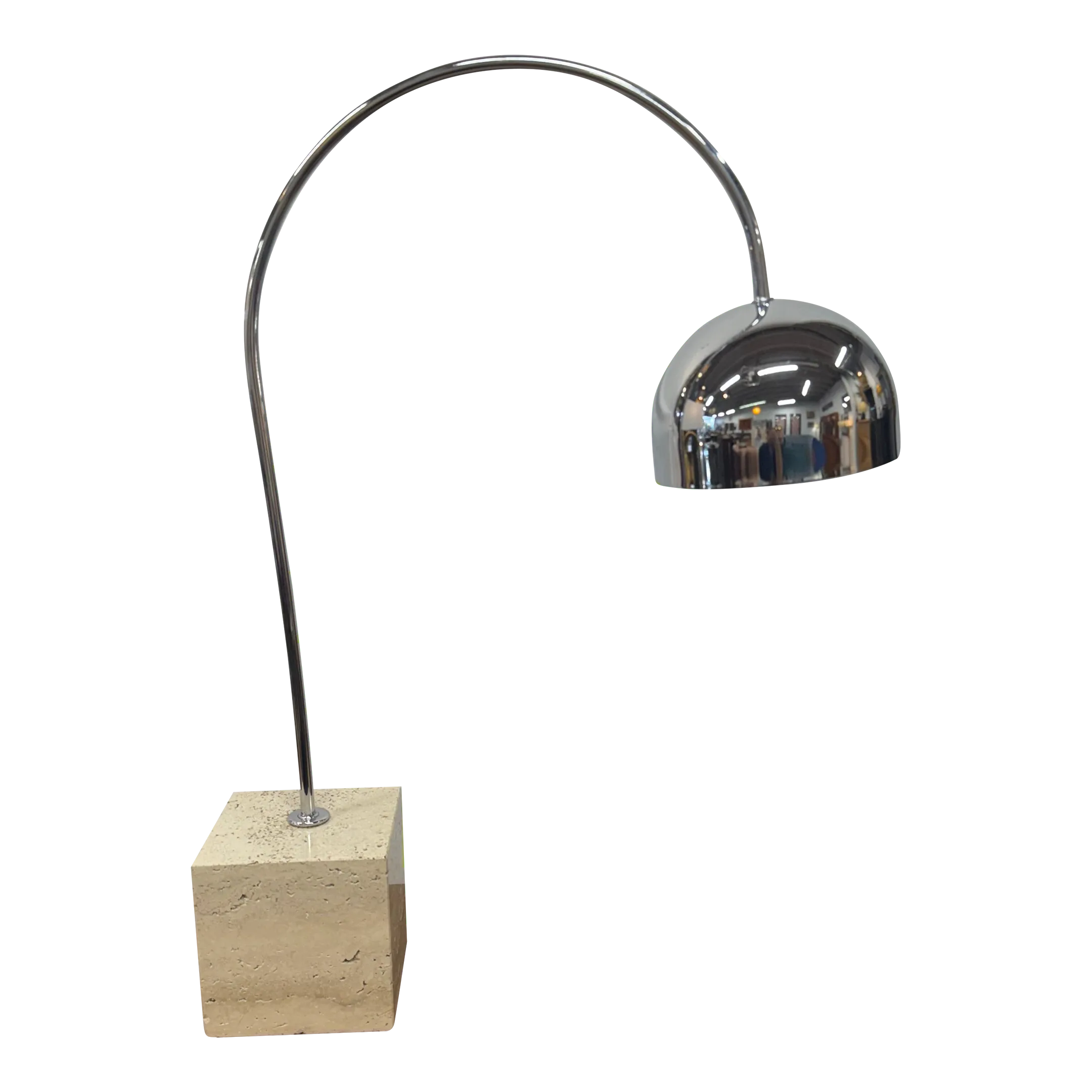 1970s Mid-Century Modern Chrome & Travertine Arc Table Lamp by