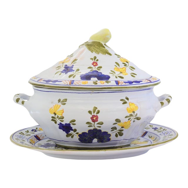Vintage Cantagalli Blue Carnation Tureen with Tray For Sale
