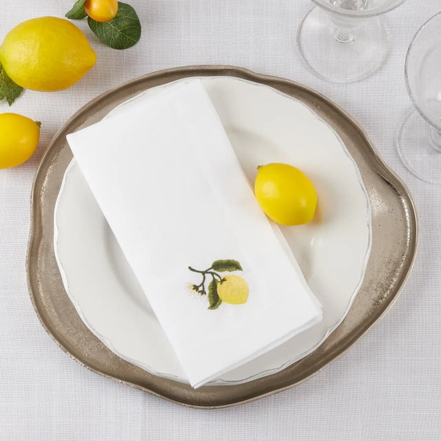Kenneth Ludwig Chicago Embroidered Lemon Dinner Napkin Set of 4 For Sale - Image 4 of 5