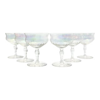 1960s Set of 6 Lustre Iridescent Rainbow Pearl Optic Coupe Champagne Glasses For Sale