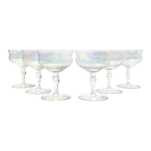 1960s Set of 6 Lustre Iridescent Rainbow Pearl Optic Coupe Champagne Glasses For Sale