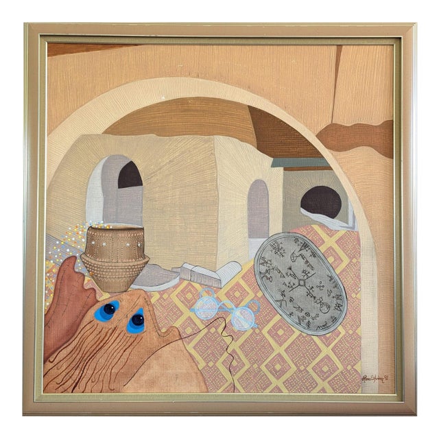 1991 Modernist 'Ancient Whispers' Vintage Original Surrealist Interior Oil Painting, Framed For Sale