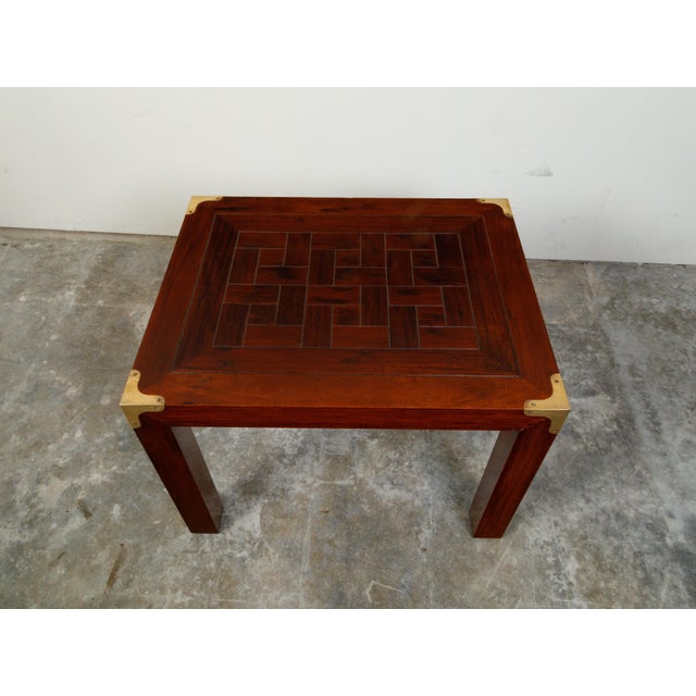 English Midcentury Campaign Style Side Table with Parquet Top and Brass Braces For Sale - Image 10 of 11
