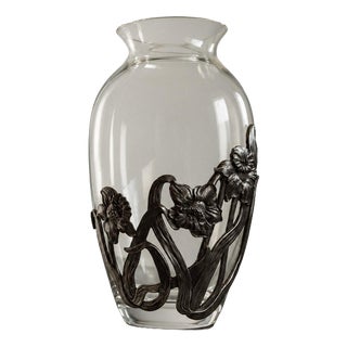Vintage Glass Vase with Hand-Cast Pewter Daffodil Decoration, 1970s For Sale