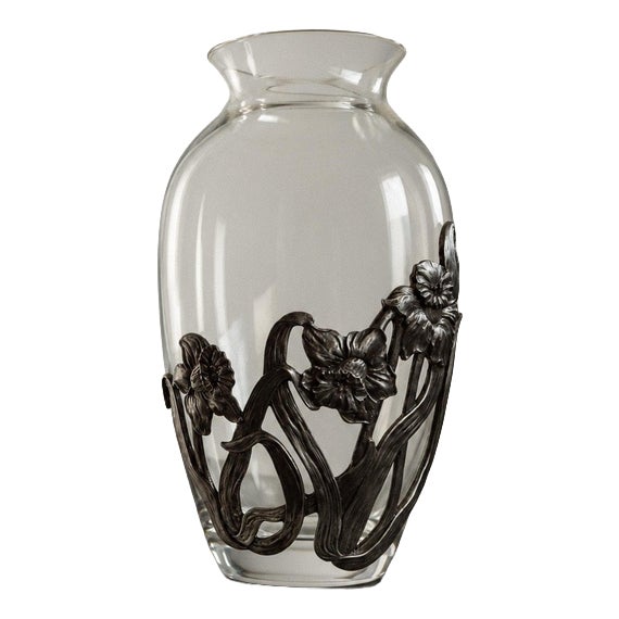 Vintage Glass Vase with Hand-Cast Pewter Daffodil Decoration, 1970s For Sale