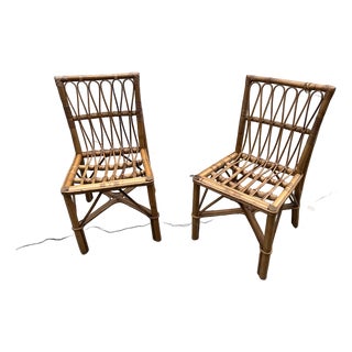 1970s Pair of Boho Chic Rattan Detailed Side Chairs For Sale