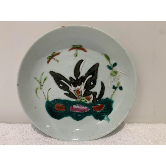 19th Century Antique Chinese Famille Rose Hand Painted Butterfly Porcelain Saucer For Sale - Image 11 of 11