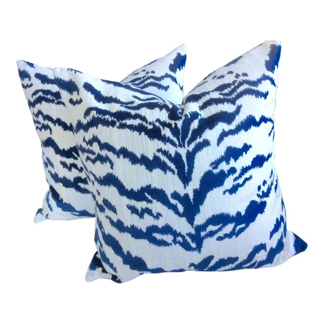 Contemporary Blue & Ivory Velvet Tiger Pillows - a Pair For Sale