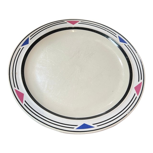 1980s Stoneware Plate With Blue and Pink Accents For Sale