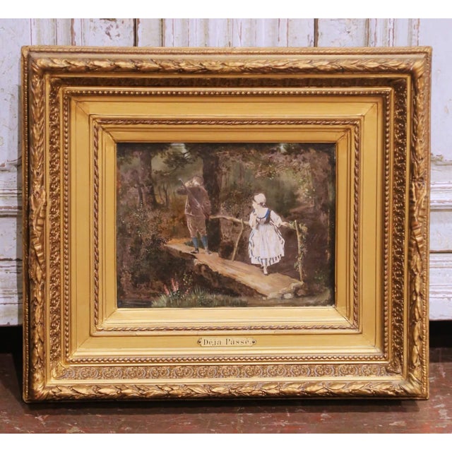 Late 19th Century Pair of 19th Century French Pendant Genre Paintings on Board in Carved Frames For Sale - Image 5 of 15