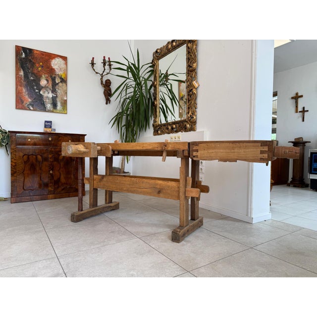 Restored antique workbench, designer bench, German spindle. Dimensions: Height x Width x Depth 78 x 197 x 87 cm. For sale...