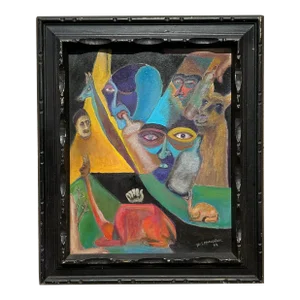 Mid 20th Century Vintage Boho Original Surrealist Figural Oil on Canvas