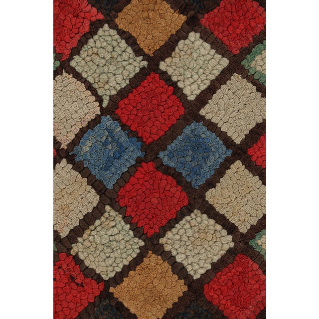 Traditional Antique Framed Hooked Rug, Brown With Colorful Medallion Mosaic - Rug & Kilim For Sale - Image 3 of 7