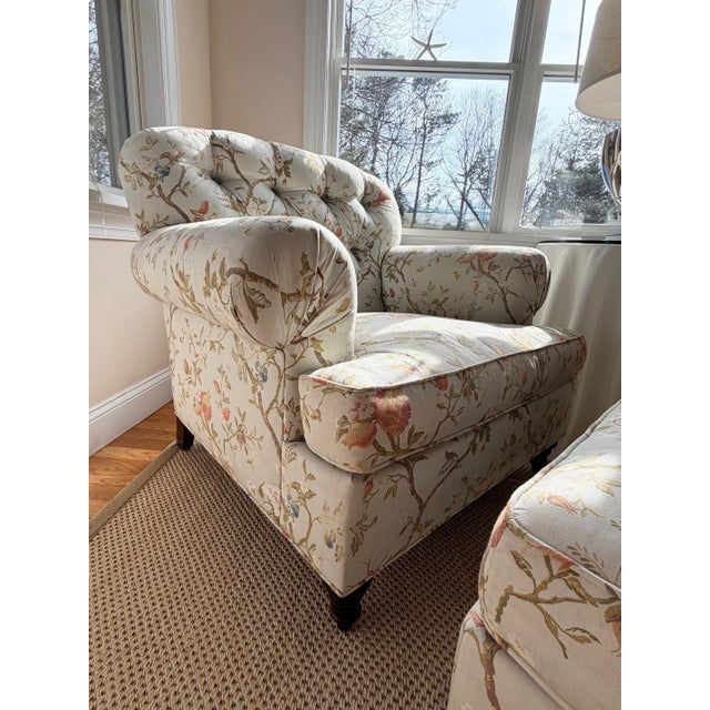 Wood Custom Tufted Scalamandre Sky Blue Floral Lounge Chair and Ottoman Set For Sale - Image 7 of 18