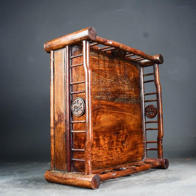 Brown Vintage Chinese Huali Rosewood Display Tray | Carved "Fu" & Coin Motif Scholar's Tray For Sale - Image 8 of 9