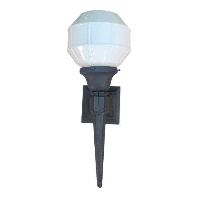 1910s Black Long Tail Exterior Sconce With Milk Glass Shade #2568 For Sale