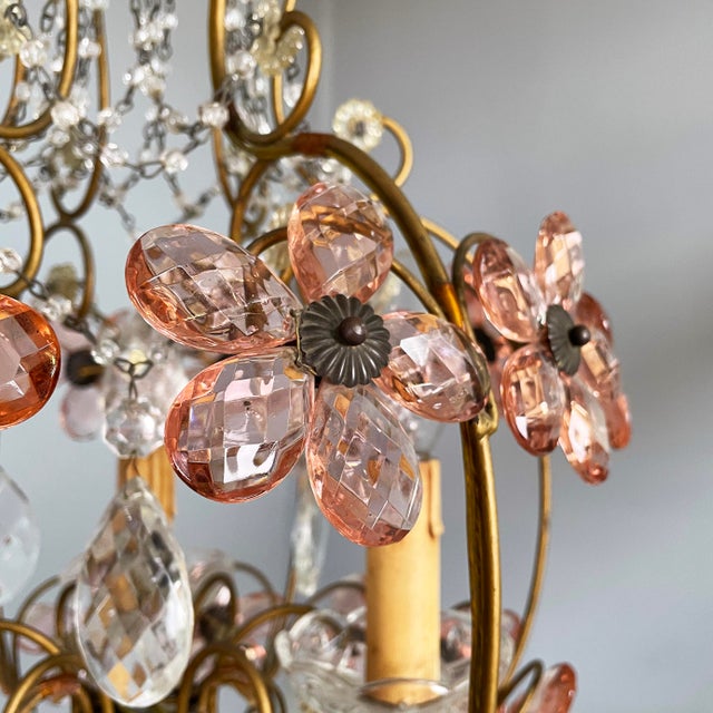 Metal Italian Art Nouveau Chandeliers in Pink Murano Glass and Brass, Early 1900s, 1890s, Set of 2 For Sale - Image 7 of 18