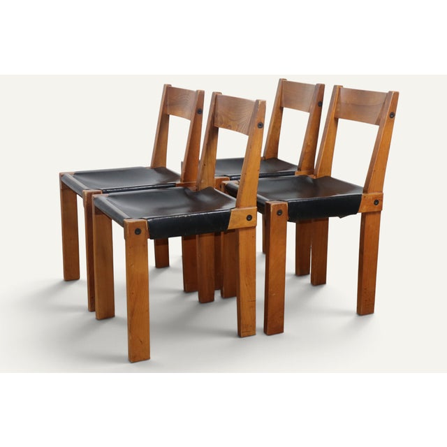 1970s Vintage S24 Chairs in Elm and Black Leather by Pierre Chapo, 1970, Set of 4 For Sale - Image 5 of 18