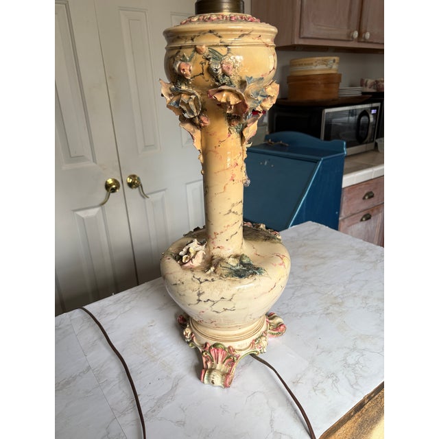 Cream Late 19th Century Dresden Style Converted Kerosene Lamp. One Working Lamp. For Sale - Image 8 of 11