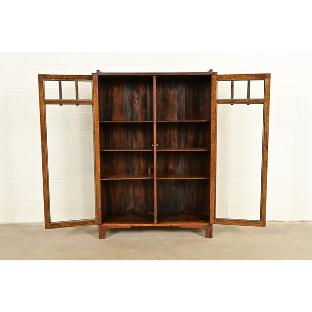 Early 20th Century Limbert Style Antique Mission Oak Arts & Crafts Glass Front Bookcase Cabinet, Circa 1910 For Sale - Image 5 of 15