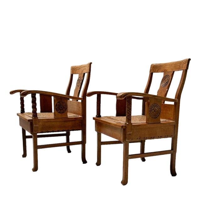 Set of Brutalist Carved Oak Armchairs by Anton Fortuin, 1940s For Sale - Image 4 of 12