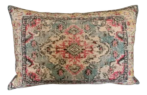 Boho Chic Antiqued Persian Rug Colorful Woven Cotton Lumbar Pillow New