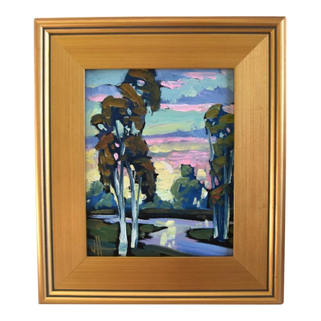 William Hawkins Listed Artist Winding Stream & Colorful Landscape Painting Include the Antiqued Gold Wood Frame For Sale