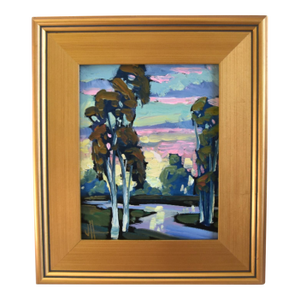 William Hawkins Listed Artist Winding Stream & Colorful Landscape Painting Include the Antiqued Gold Wood Frame
