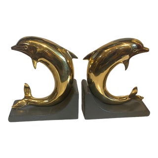 Mid-Century Sculpted Brass Dolphin Statue Leather Vintage Bookends - a Pair For Sale