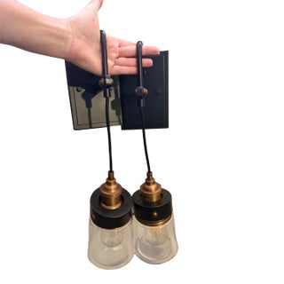 Industrial Blackened Brass & Antique Brass Hanging Glass Wall Sconces - a Pair For Sale