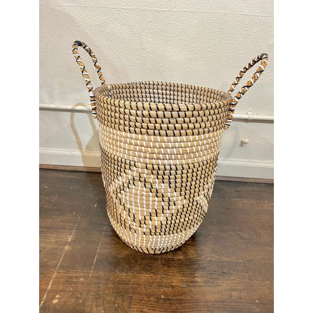 French Country Vintage Coiled Woven Rattan Bamboo Two Handle Basket For Sale - Image 3 of 6