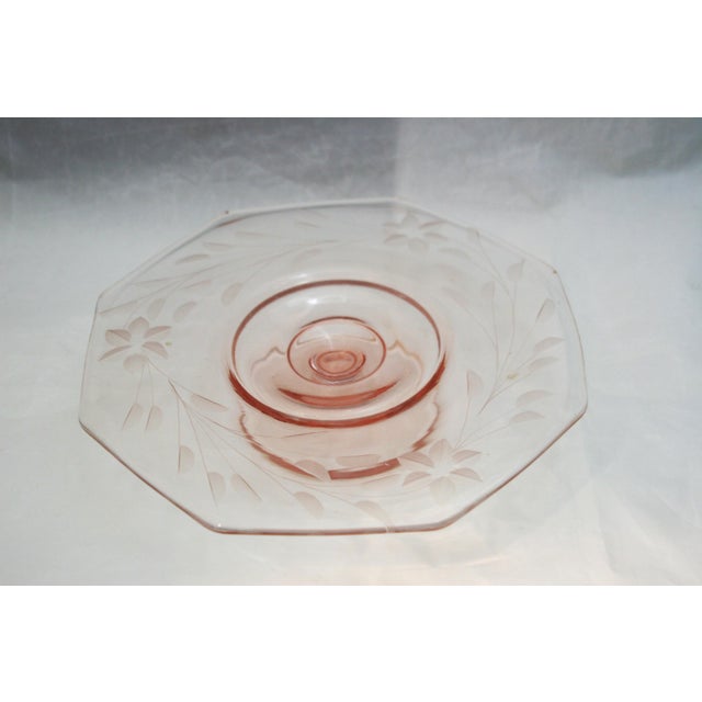 Traditional Vintage Pink Depression Glass Octagonal Floral Etched Cake Stand For Sale - Image 3 of 7
