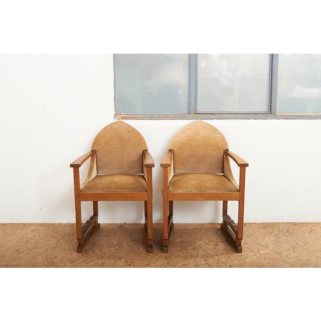 Arts and Crafts Oak Armchairs with Velour Upholstery, Set of 2 For Sale - Image 12 of 13