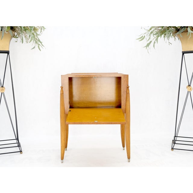 Art Deco Diamond Inlay Drop Front Burl Wood Stand Side Table Fluted Tapered Leg For Sale - Image 4 of 12