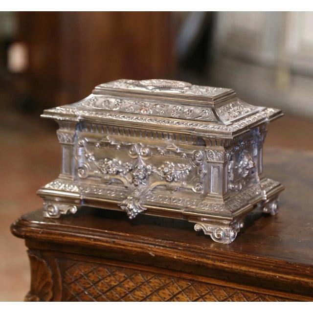 19th Century French Silver Plated Over Bronze Jewelry Box With Repousse Motifs For Sale - Image 9 of 10