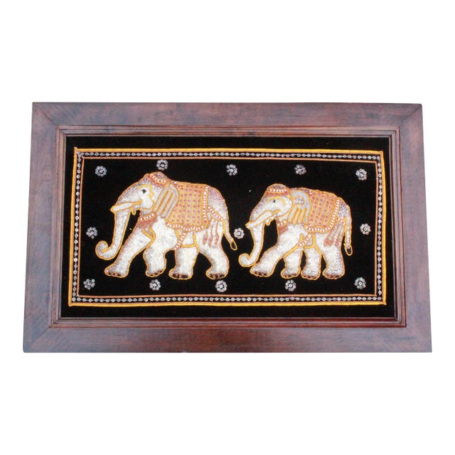 Vintage Thai Pearl Bead Sequin Elephant on Black Velvet Wood Framed Art For Sale