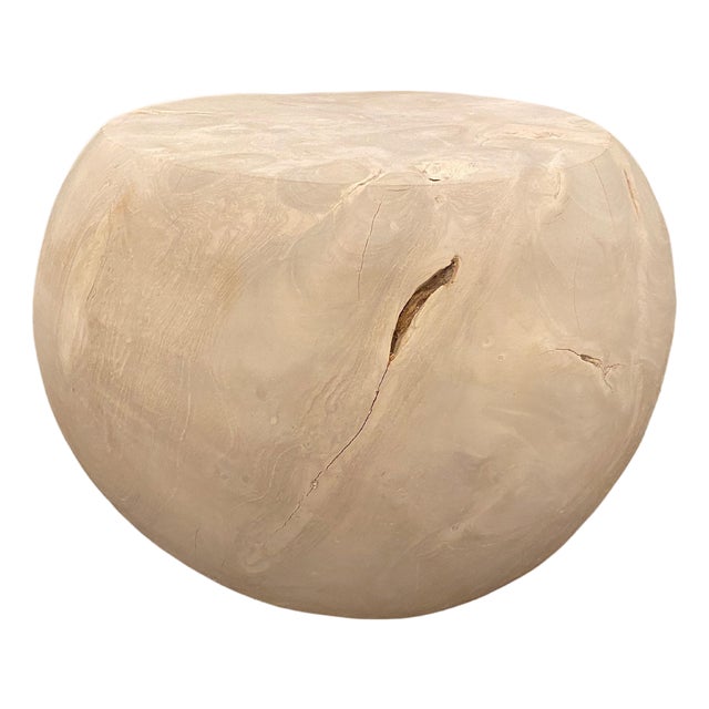 Andrianna Shamaris Bleached Teak Wood Drum Side Table For Sale