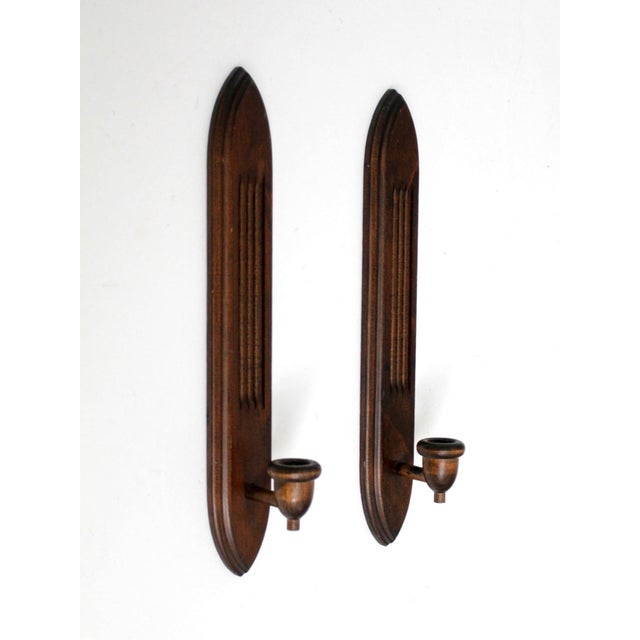 Wood Pair of Mid-Century Gothic Revival Wood Wall Candle Sconces For Sale - Image 7 of 11