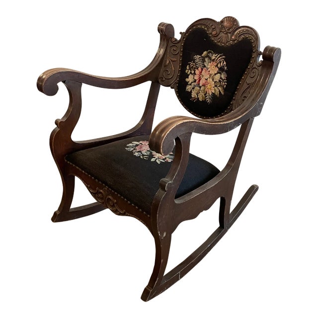 1930s Antique Carved Wood Needlepoint Rocking Chair | Chairish