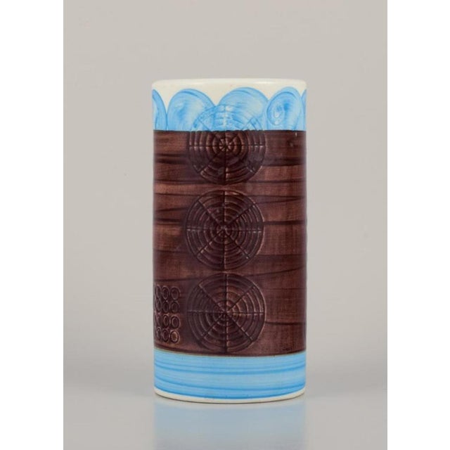 Olle Alberius for Rörstrand. "Sarek" ceramic vase in a modernist design with circles. Light blue and brown glaze. Hand-...