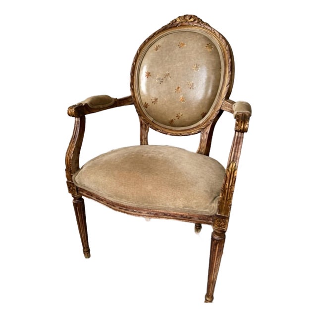 Mid 20th Century French Louis XVI Style Giltwood Armchair With Oval Medallion Back, Hand-Painted Floral Upholstery For Sale