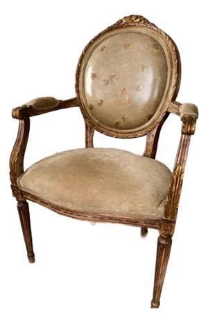 Mid 20th Century French Louis XVI Style Giltwood Armchair With Oval Medallion Back, Hand-Painted Floral Upholstery