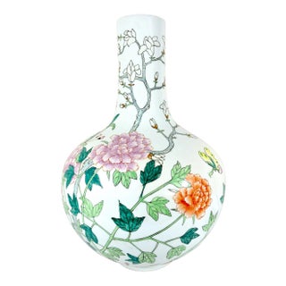 Large Summer Flower Hand Painted Vase, Chinese Tianqiuping White Porcelain, With Vines & Butterflies, Signed H22" For Sale